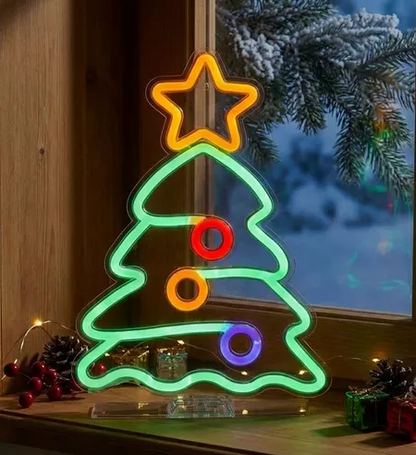 Premier USB Lit Tree with Star &amp; Baubles Neon Hanging Sign - 34 cm