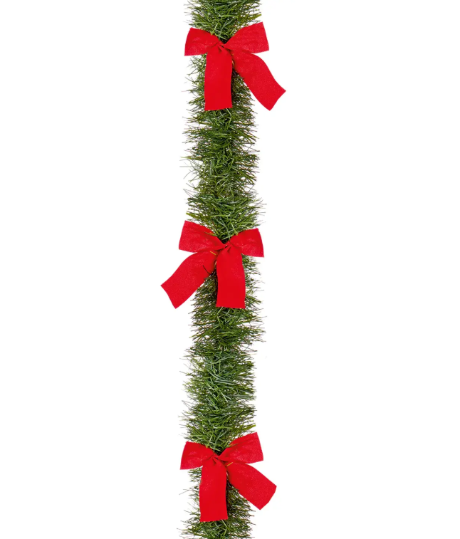 2.7m x 20cm 4-Ply Green Tinsel Red Bows