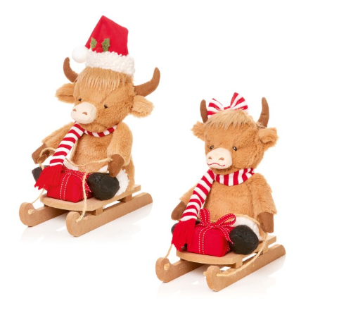28cm Plush Highland Cow on Sled - 2 Assorted