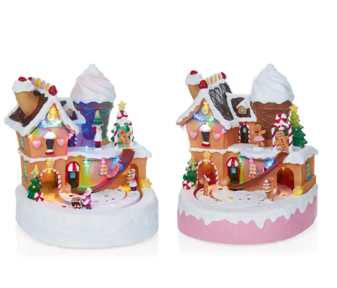 Premier 20.5cm Battery Operated Lit Gingerbread Cake House with Rotating Scene – Choice of 2