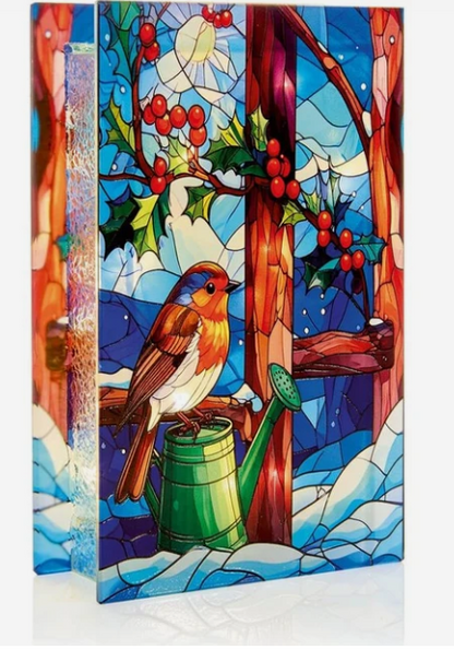 Premier 21cm x 13cm Battery Operated Robin Stained Glass LED Table Top