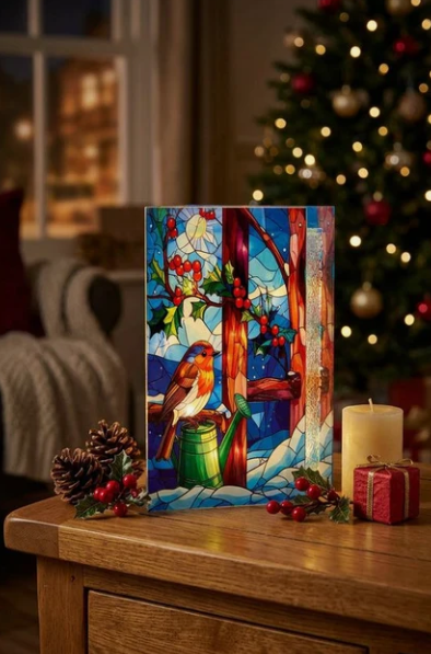 Premier 21cm x 13cm Battery Operated Robin Stained Glass LED Table Top