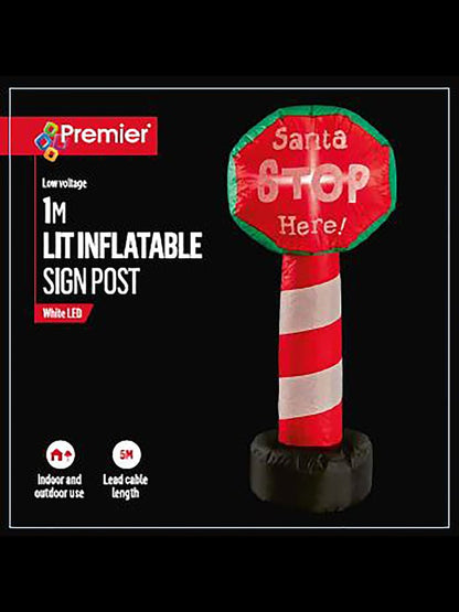 Lit Santa Stop Here Inflatable Signpost - 1m