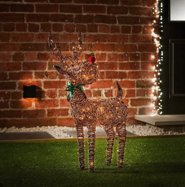 96cm Battery Operated Multi Action Rattan Lit Bog Nose Reindeer