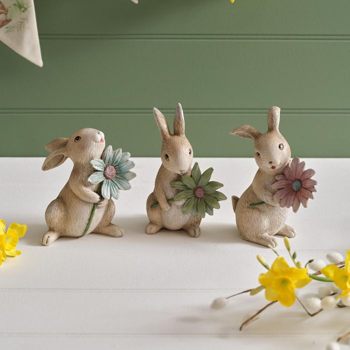 Meadow Fields Polyresin Bunny Ornament with Flower