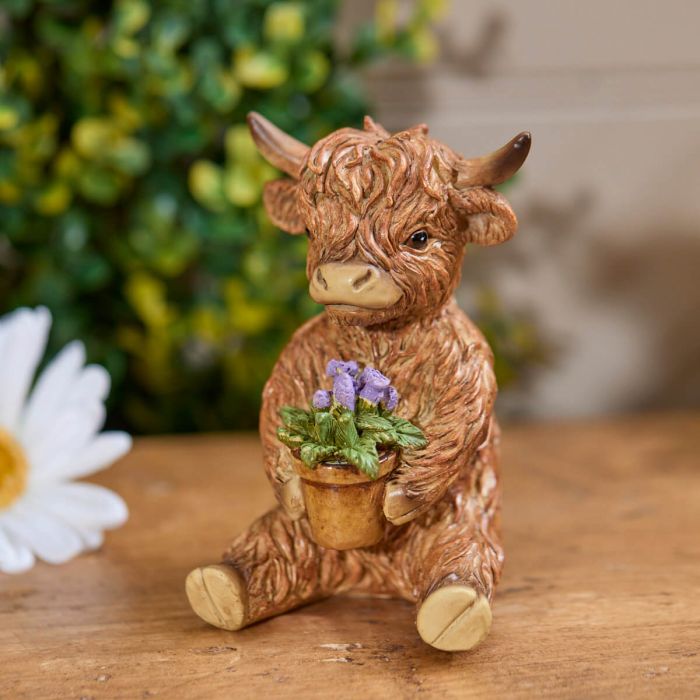 Highland Cow With Flower in Plant Ornament