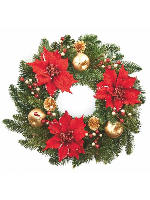 Red &amp; Gold Poinsettia Christmas Wreath - 60cm
