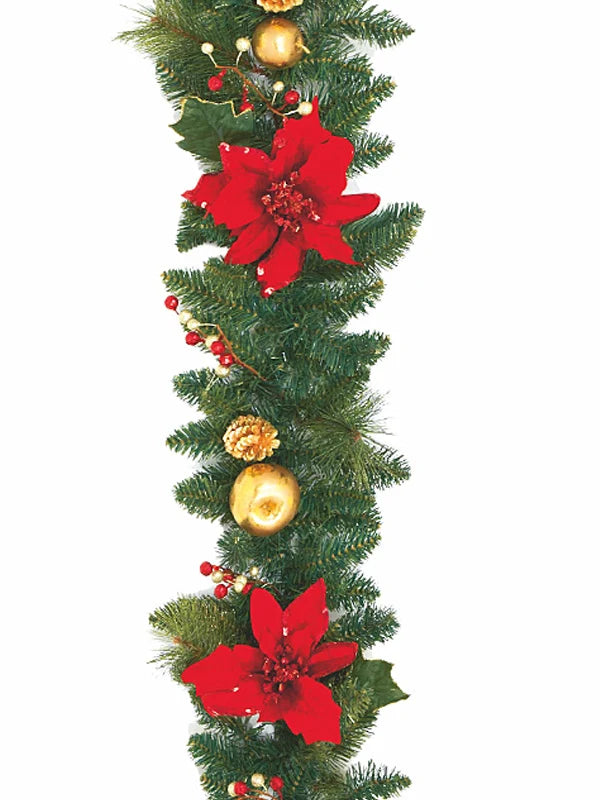Red &amp; Gold Poinsettia Christmas Garland - 1.8m