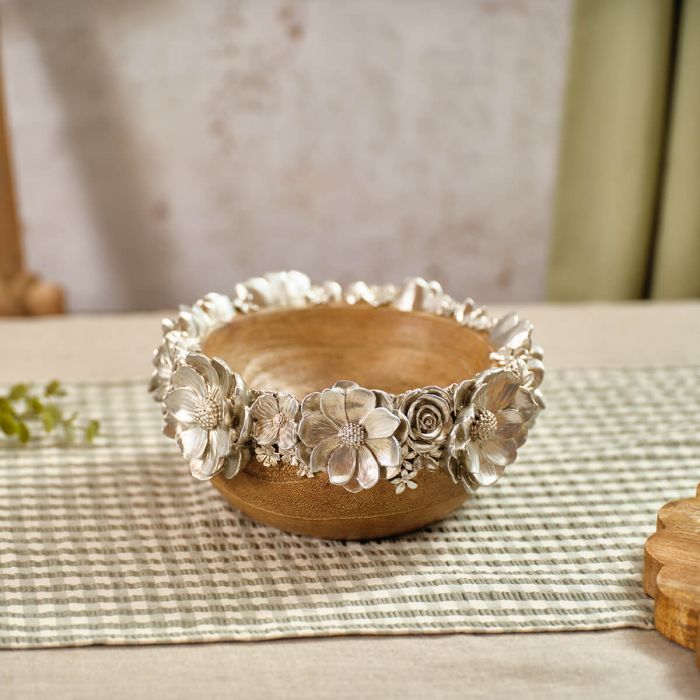 Flourish and Foliage Wood Effect Brushed Silver Bowl