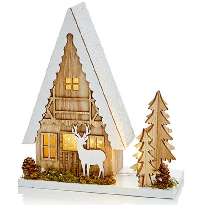 Wooden Christmas Tree House &amp; Reindeer - 22cm
