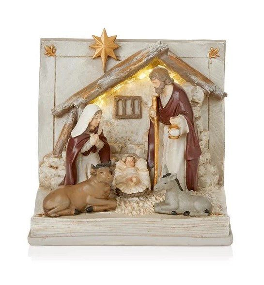 Lit Polyresin Nativity Scene in Open Book - 17cm