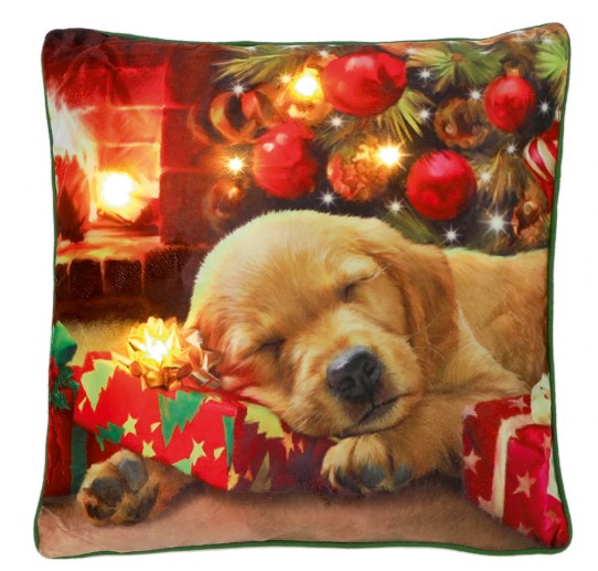 Lit Christmas Puppy by the Fire Cushion - 45 x 45cm