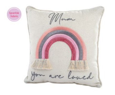 Rainbow Mum Cushion White Sparkle Fabric