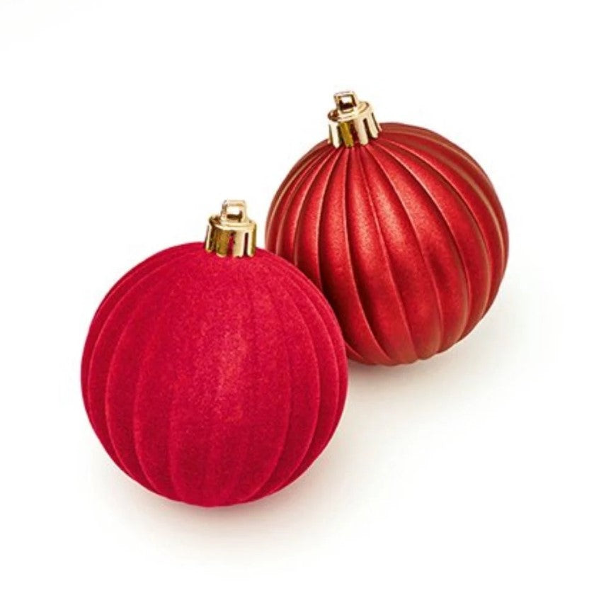 Red Flock & Matt Pumpkin Baubles - Pack of 4 - 80mm