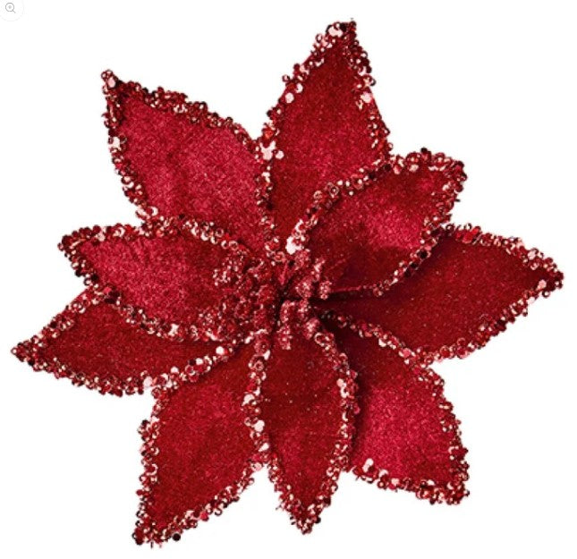 Burgundy Poinsettia Glitter Edge Clip On Decoration - 20cm