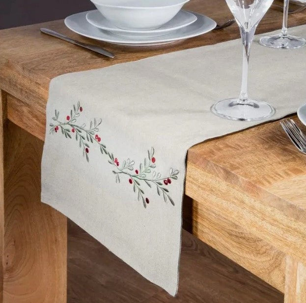 2m Embroidered Chambray Holly Berry Table Runner