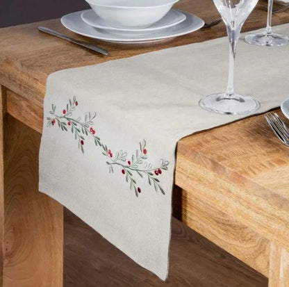 2m Embroidered Chambray Holly Berry Table Runner