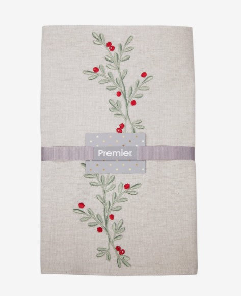 2m Embroidered Chambray Holly Berry Table Runner