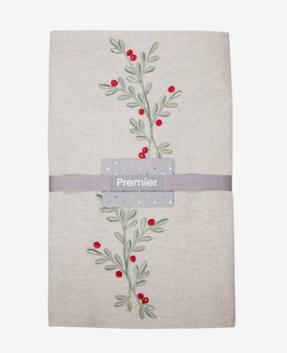 2m Embroidered Chambray Holly Berry Table Runner