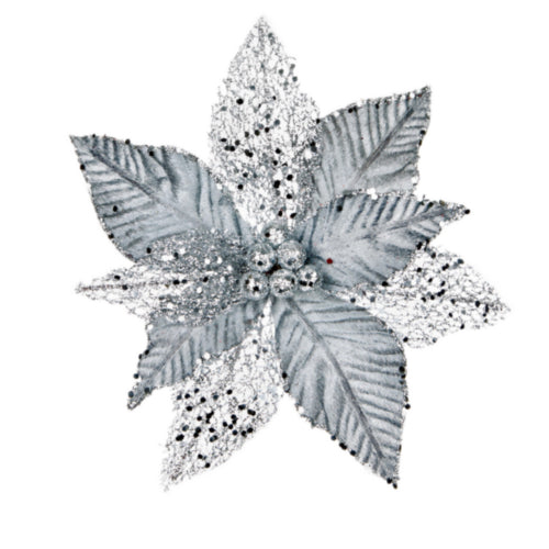 Silver Fabric &amp; Mesh Poinsettia Clip on Decoration - 23cm